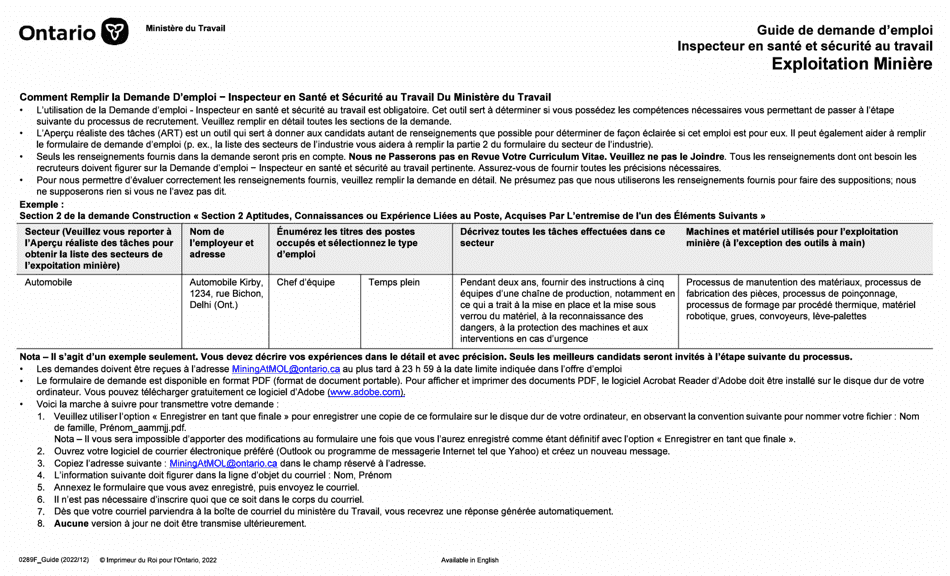 Instruction pour Forme 0289F Demande Demploi Inspecteur En Sante Et Securite Au Travail - Mines - Ontario, Canada (French), Page 1