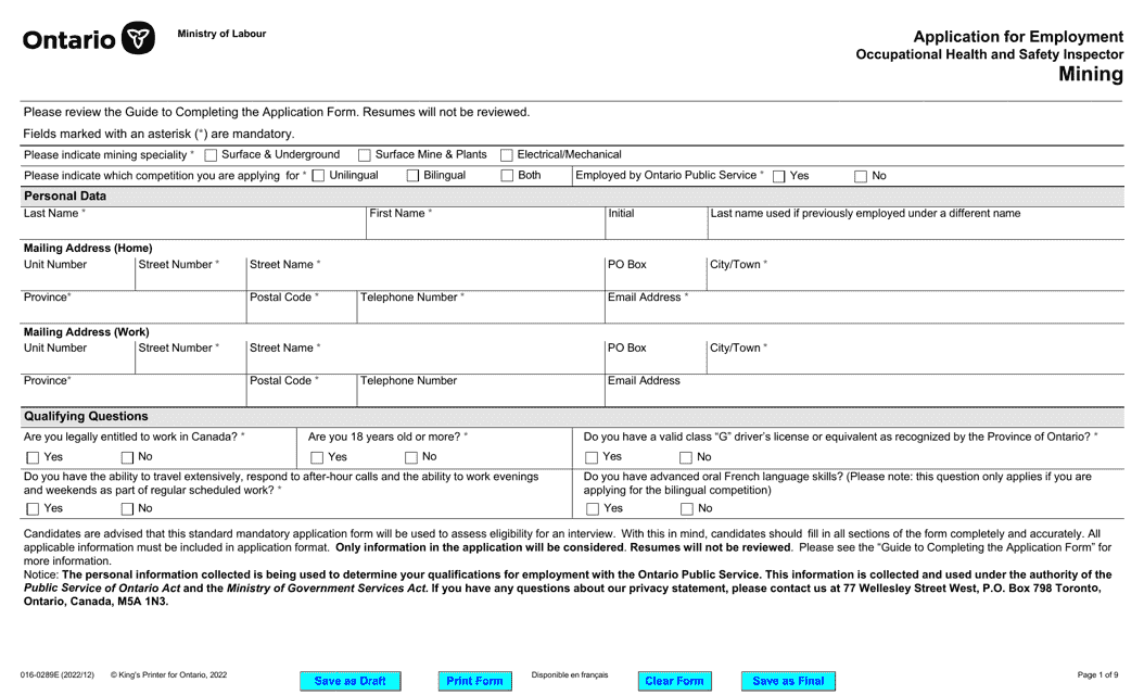 Form 016-0289E Application for Employment Occupational Health and Safety Inspector - Mining - Ontario, Canada