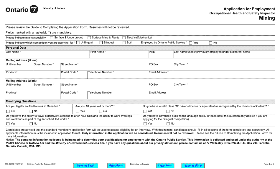 Form 016-0289E Application for Employment Occupational Health and Safety Inspector - Mining - Ontario, Canada, Page 1
