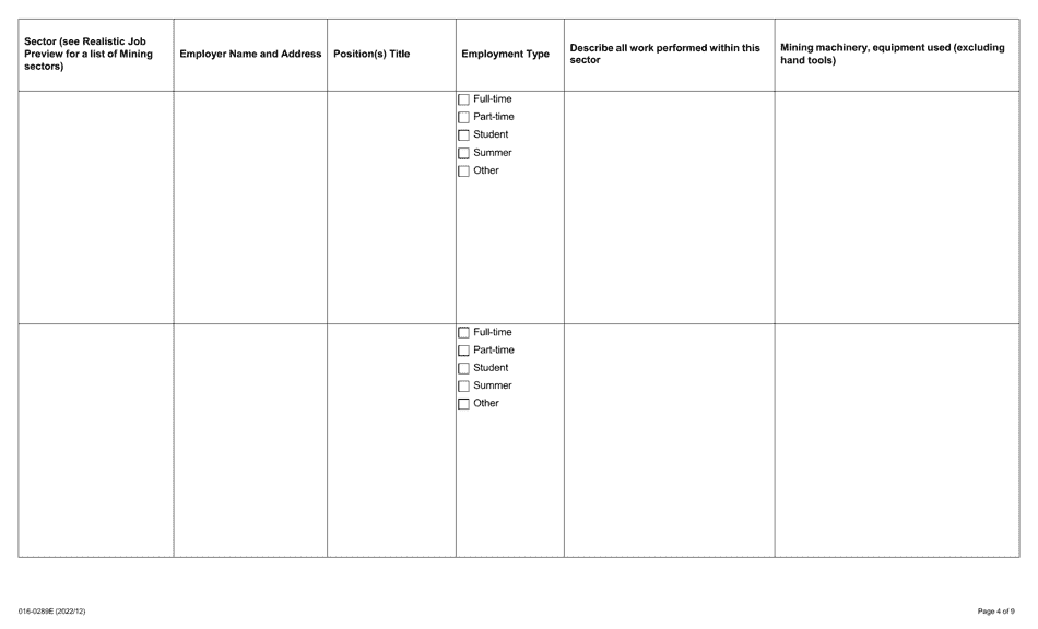 Form 016-0289E Application for Employment Occupational Health and Safety Inspector - Mining - Ontario, Canada, Page 4