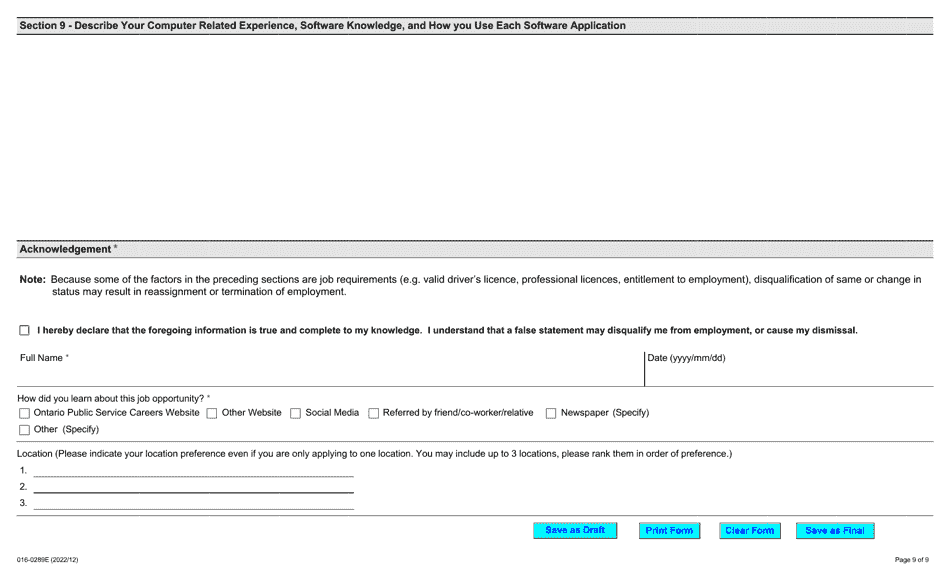 Form 016-0289E Application for Employment Occupational Health and Safety Inspector - Mining - Ontario, Canada, Page 9