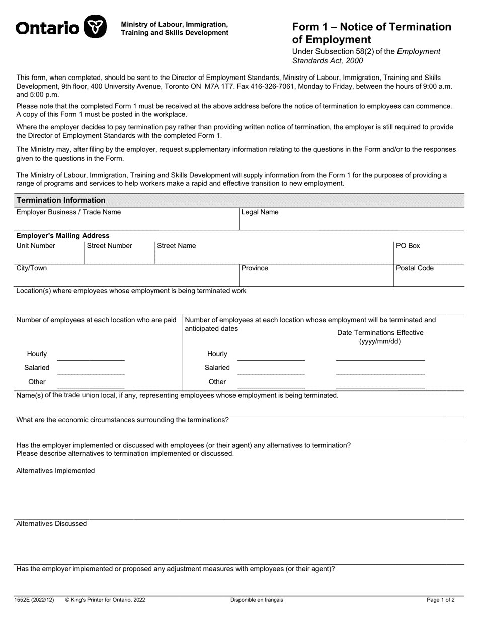 Form 1 (1552E) Notice of Termination of Employment - Ontario, Canada, Page 1