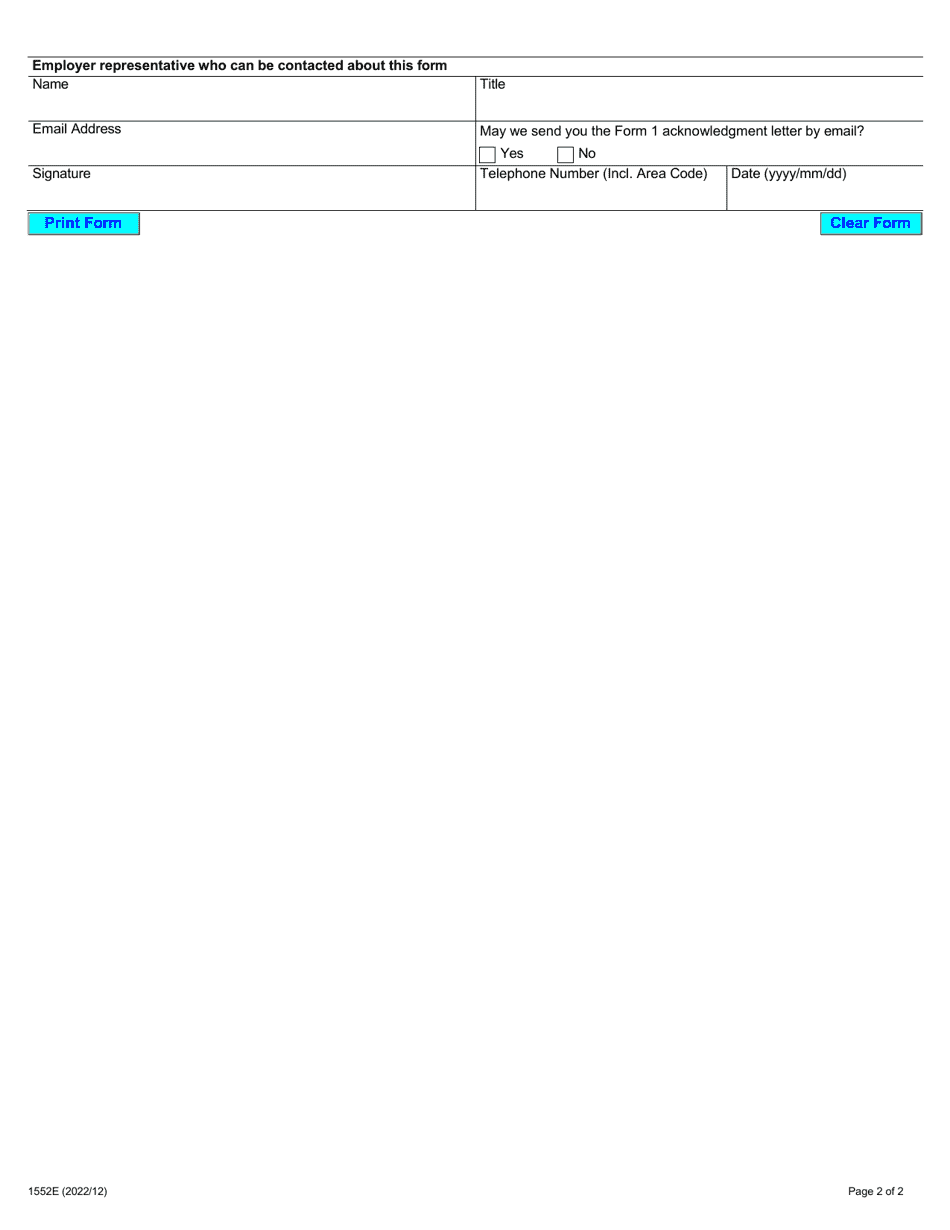 Form 1 (1552E) Notice of Termination of Employment - Ontario, Canada, Page 2