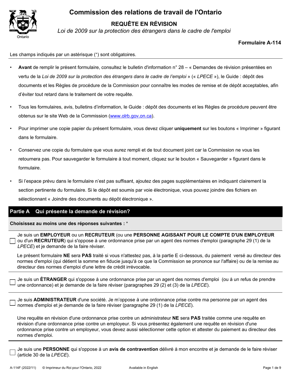 Forme A-114 Requete En Revision - Ontario, Canada (French), Page 1