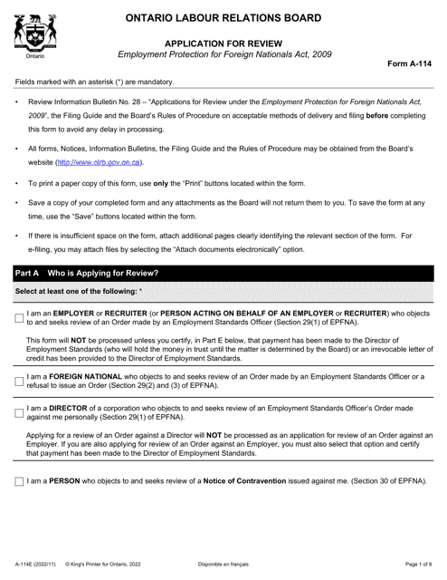 Form A-114 Application for Review - Ontario, Canada