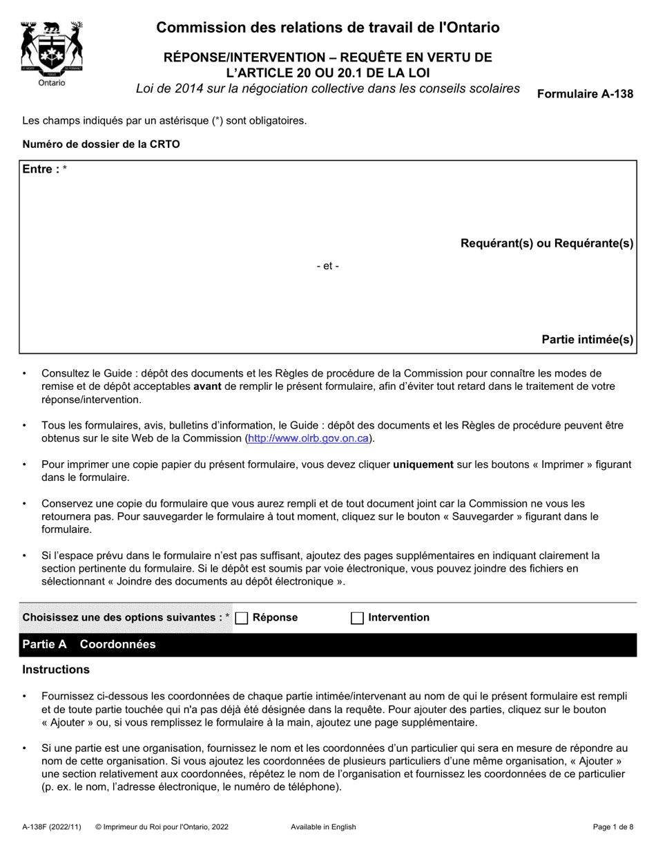 Forme A-138 Reponse / Intervention - Requete En Vertu De Larticle 20 Ou 20.1 De La Loi - Ontario, Canada (French), Page 1