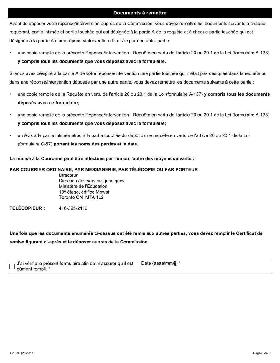 Forme A-138 Reponse / Intervention - Requete En Vertu De Larticle 20 Ou 20.1 De La Loi - Ontario, Canada (French), Page 6