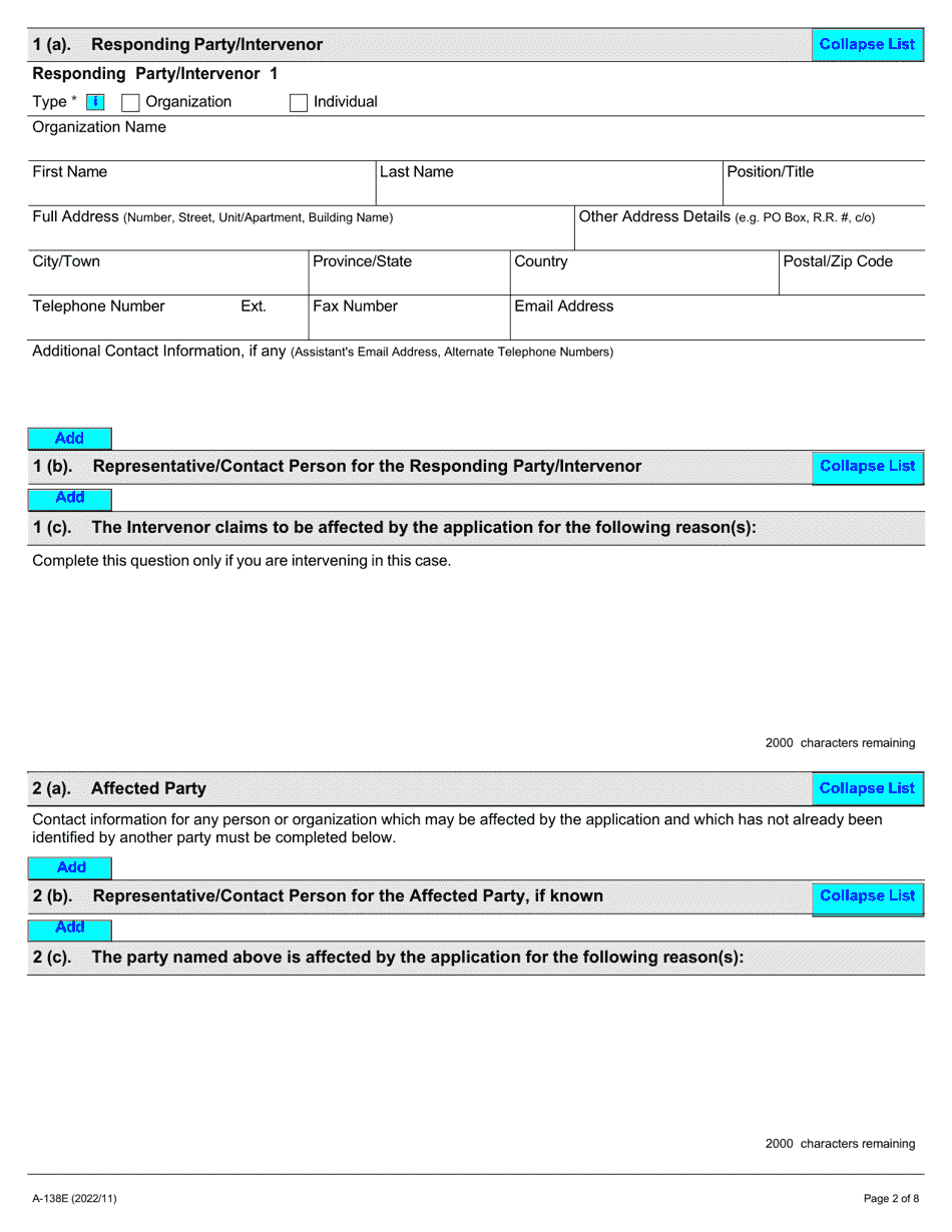 Form A-138 Response / Intervention - Application Under Section 20 or 20.1 of the Act - Ontario, Canada, Page 2