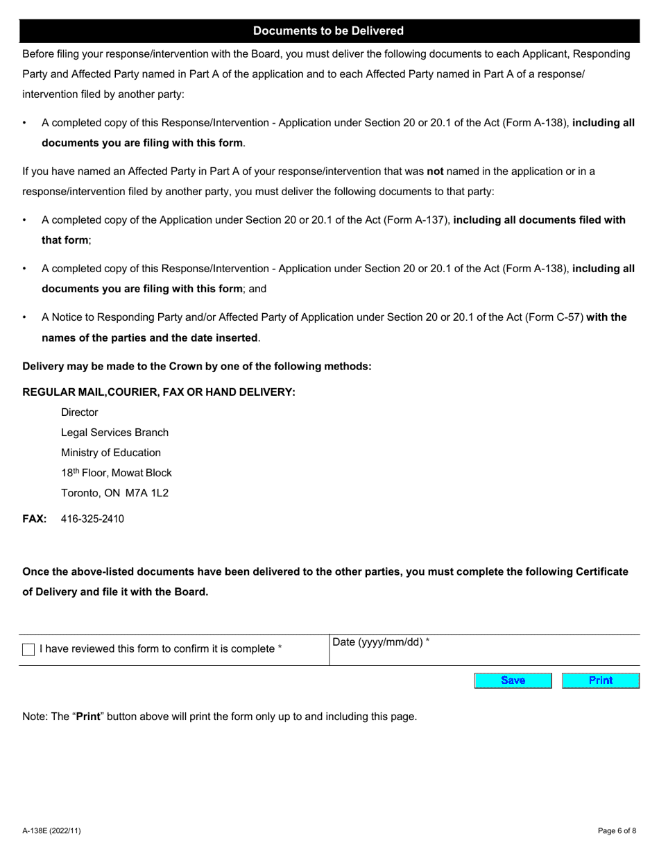 Form A-138 Response / Intervention - Application Under Section 20 or 20.1 of the Act - Ontario, Canada, Page 6