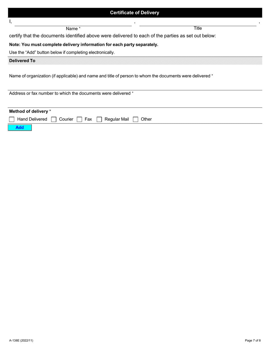 Form A-138 Response / Intervention - Application Under Section 20 or 20.1 of the Act - Ontario, Canada, Page 7