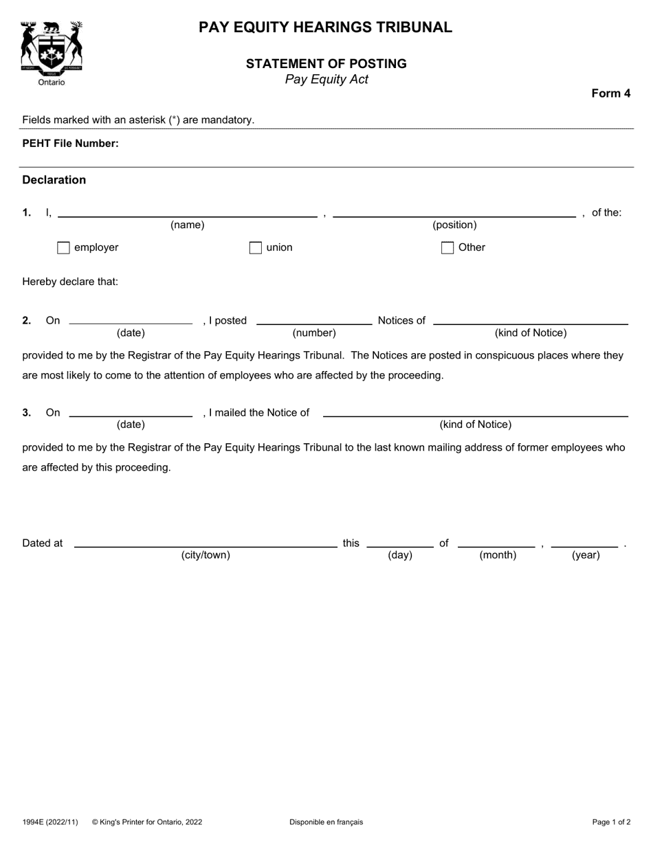 Form 4 (1994E) Statement of Posting - Ontario, Canada, Page 1