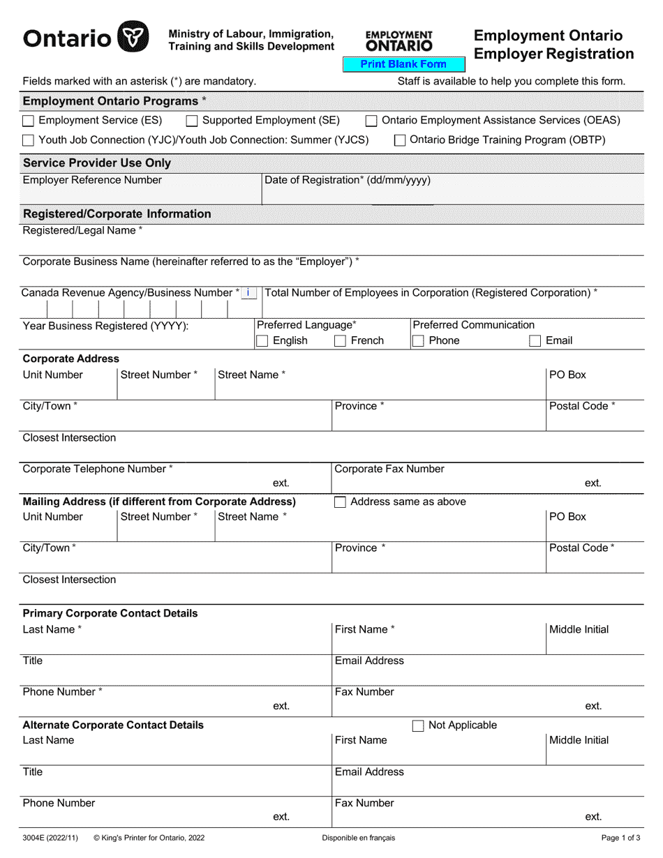 Form 3004E Employment Ontario Employer Registration - Ontario, Canada, Page 1