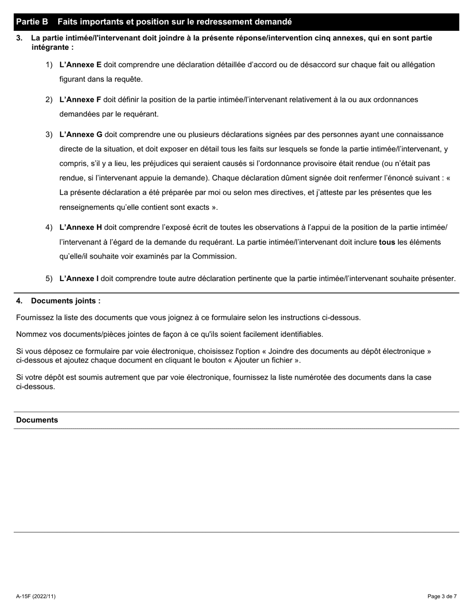 Forme A-15 Reponse / Intervention - Requete Relative a Une Ordonnance Provisoire - Ontario, Canada (French), Page 3