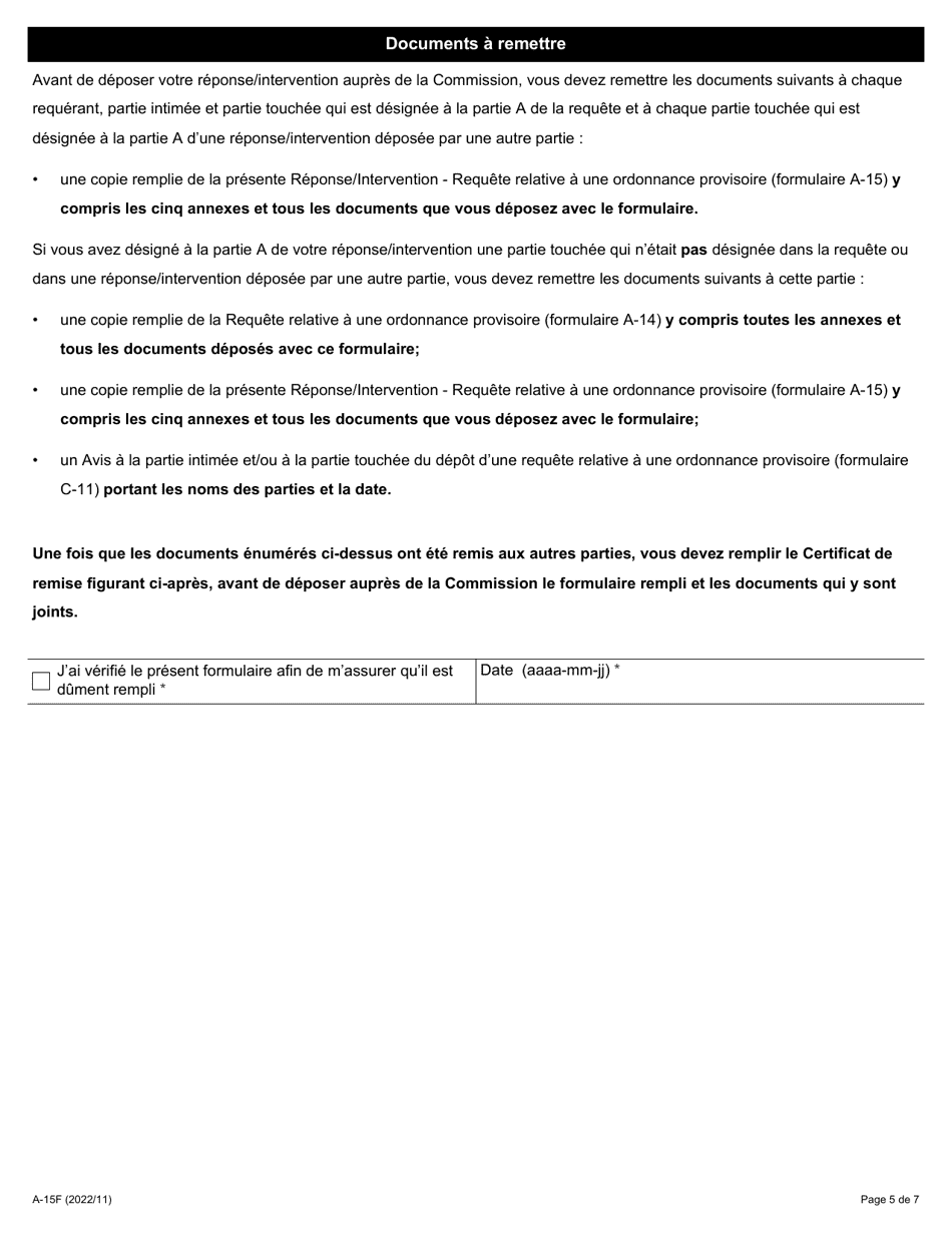 Forme A-15 Reponse / Intervention - Requete Relative a Une Ordonnance Provisoire - Ontario, Canada (French), Page 5