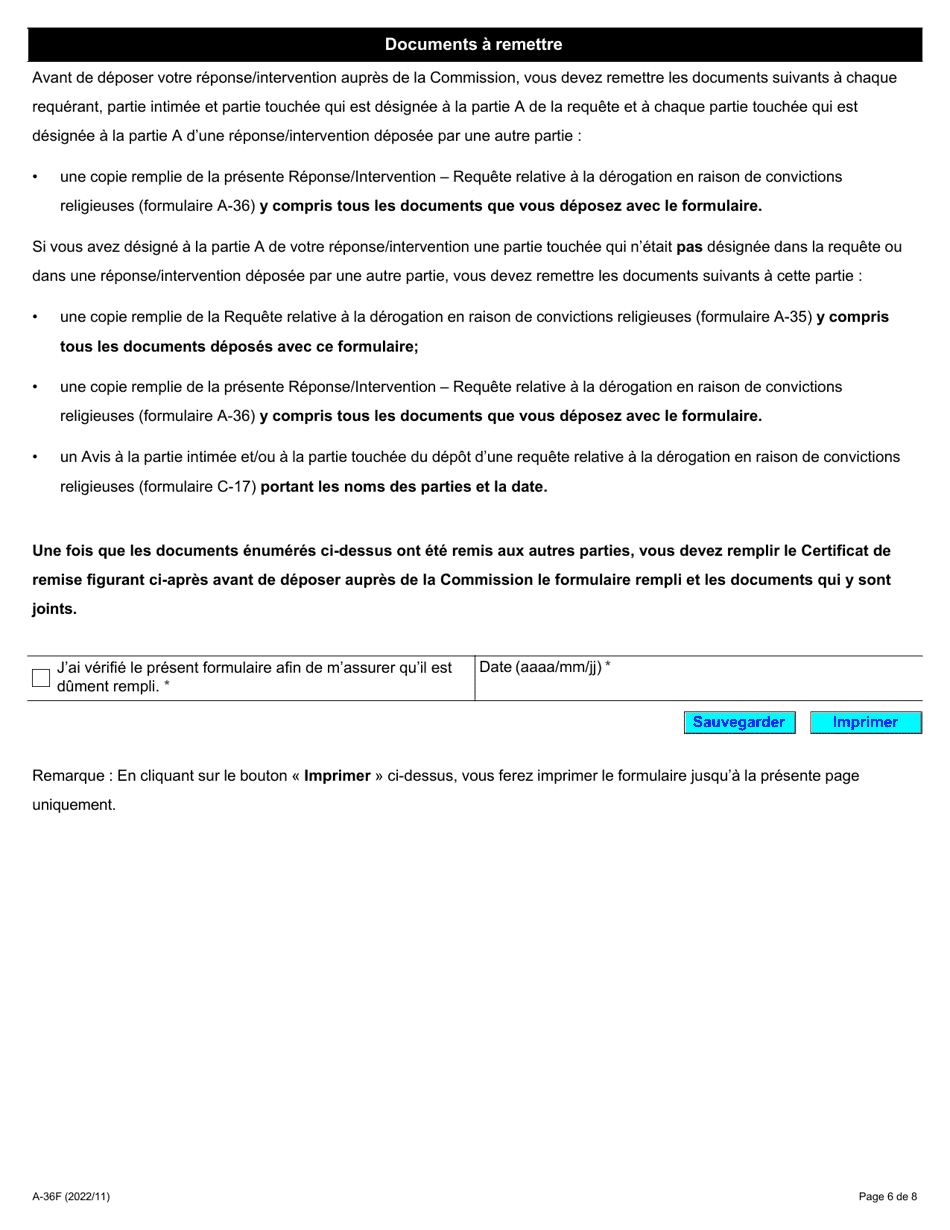 Forme A-36 Reponse / Intervention - Requete Relative a La Derogation En Raison De Convictions Religieuses - Ontario, Canada (French), Page 6