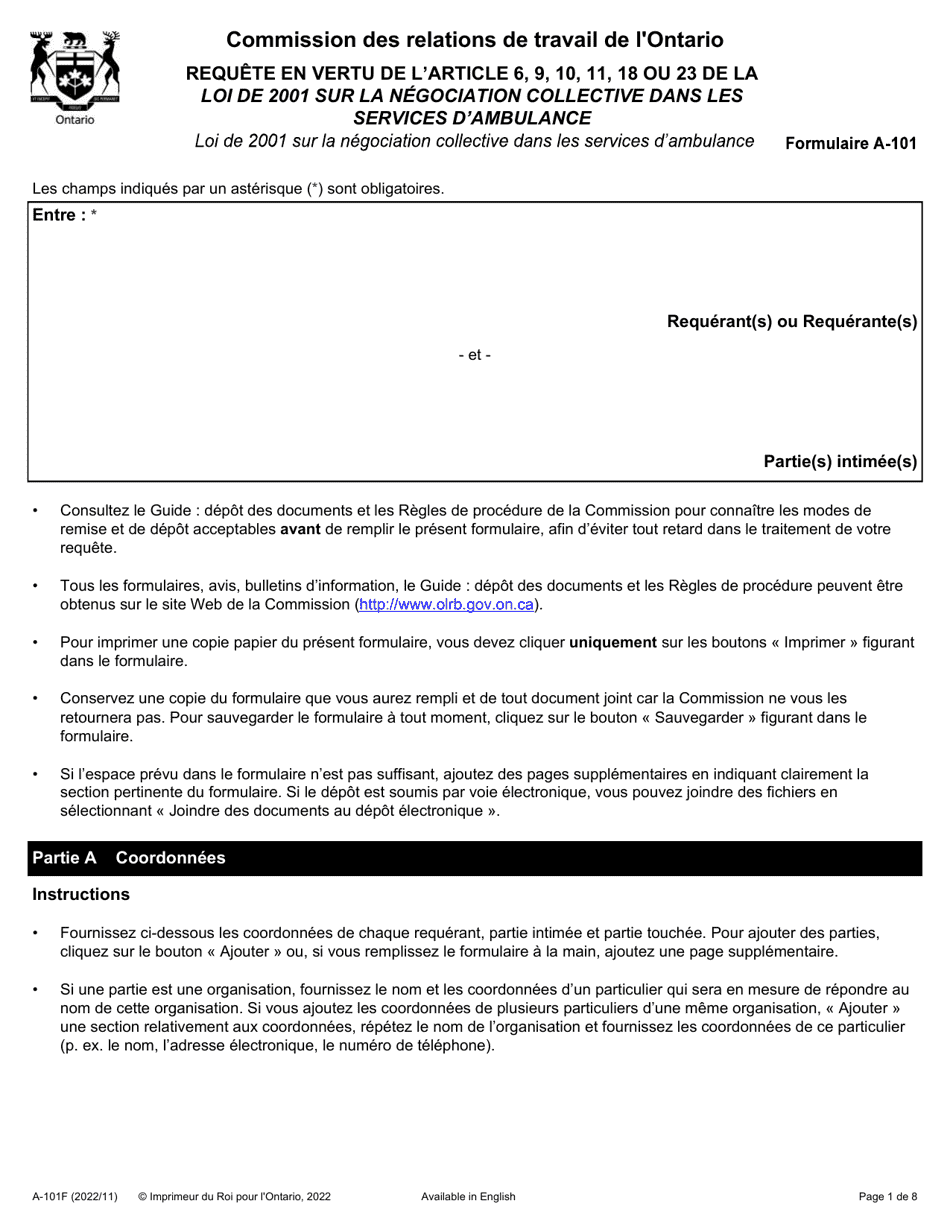 Forme A-101 Requete En Vertu De Larticle 6, 9, 10, 11, 18 Ou 23 De La Loi De 2001 Sur La Negociation Collective Dans Les Services Dambulance - Ontario, Canada (French), Page 1