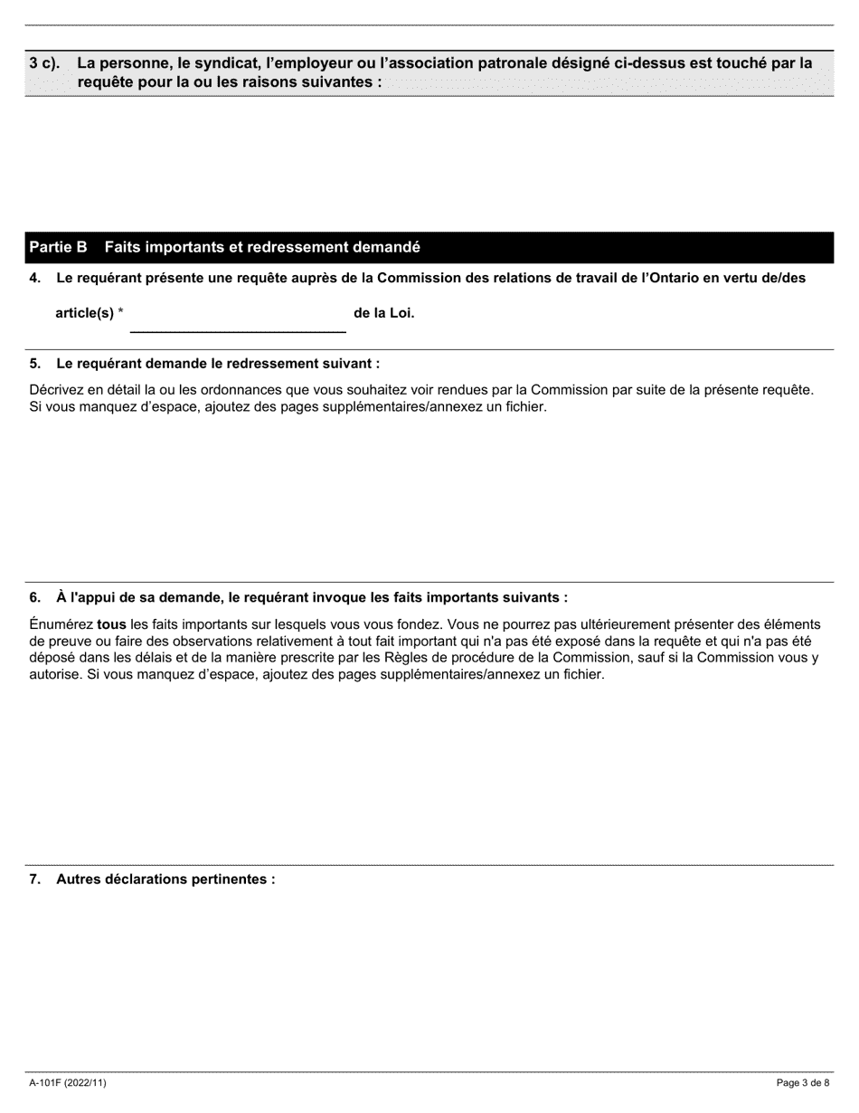 Forme A-101 Requete En Vertu De Larticle 6, 9, 10, 11, 18 Ou 23 De La Loi De 2001 Sur La Negociation Collective Dans Les Services Dambulance - Ontario, Canada (French), Page 3