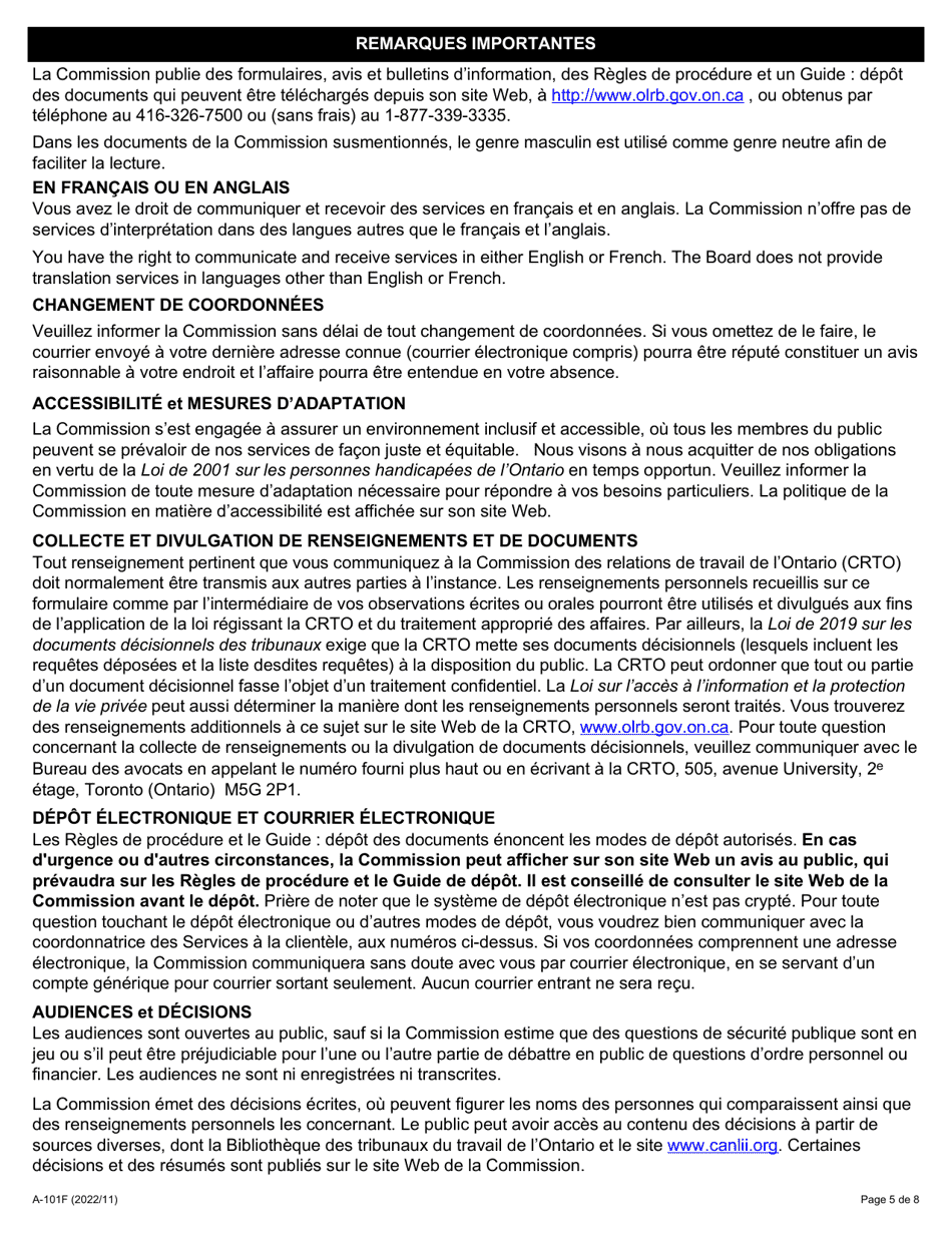 Forme A-101 Requete En Vertu De Larticle 6, 9, 10, 11, 18 Ou 23 De La Loi De 2001 Sur La Negociation Collective Dans Les Services Dambulance - Ontario, Canada (French), Page 5