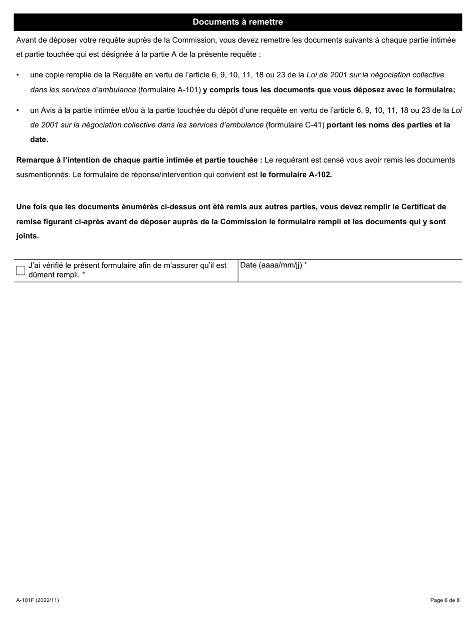 Forme A-101 Requete En Vertu De Larticle 6, 9, 10, 11, 18 Ou 23 De La Loi De 2001 Sur La Negociation Collective Dans Les Services Dambulance - Ontario, Canada (French), Page 6