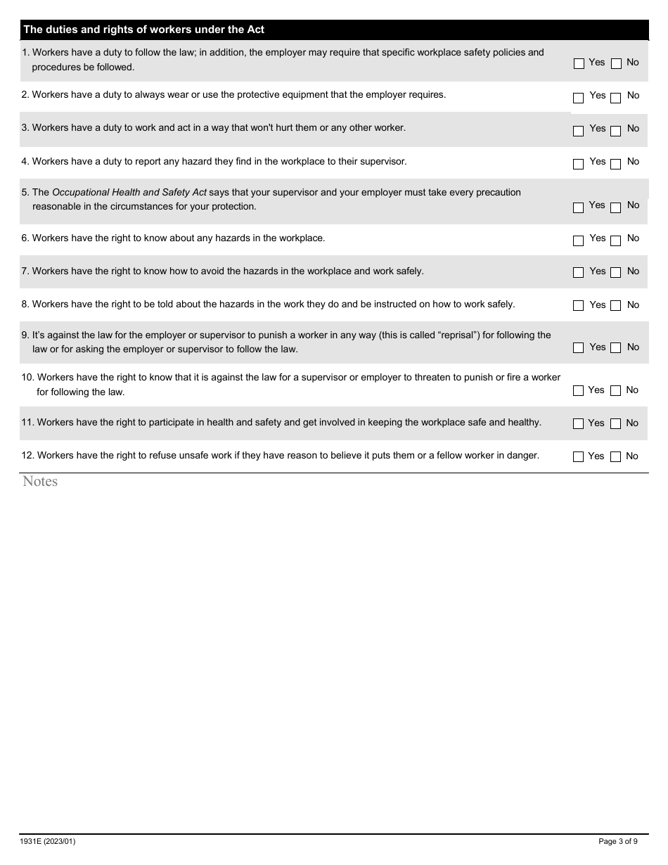 Form 1931E Training Program Assessment for Workers - Ontario, Canada, Page 3