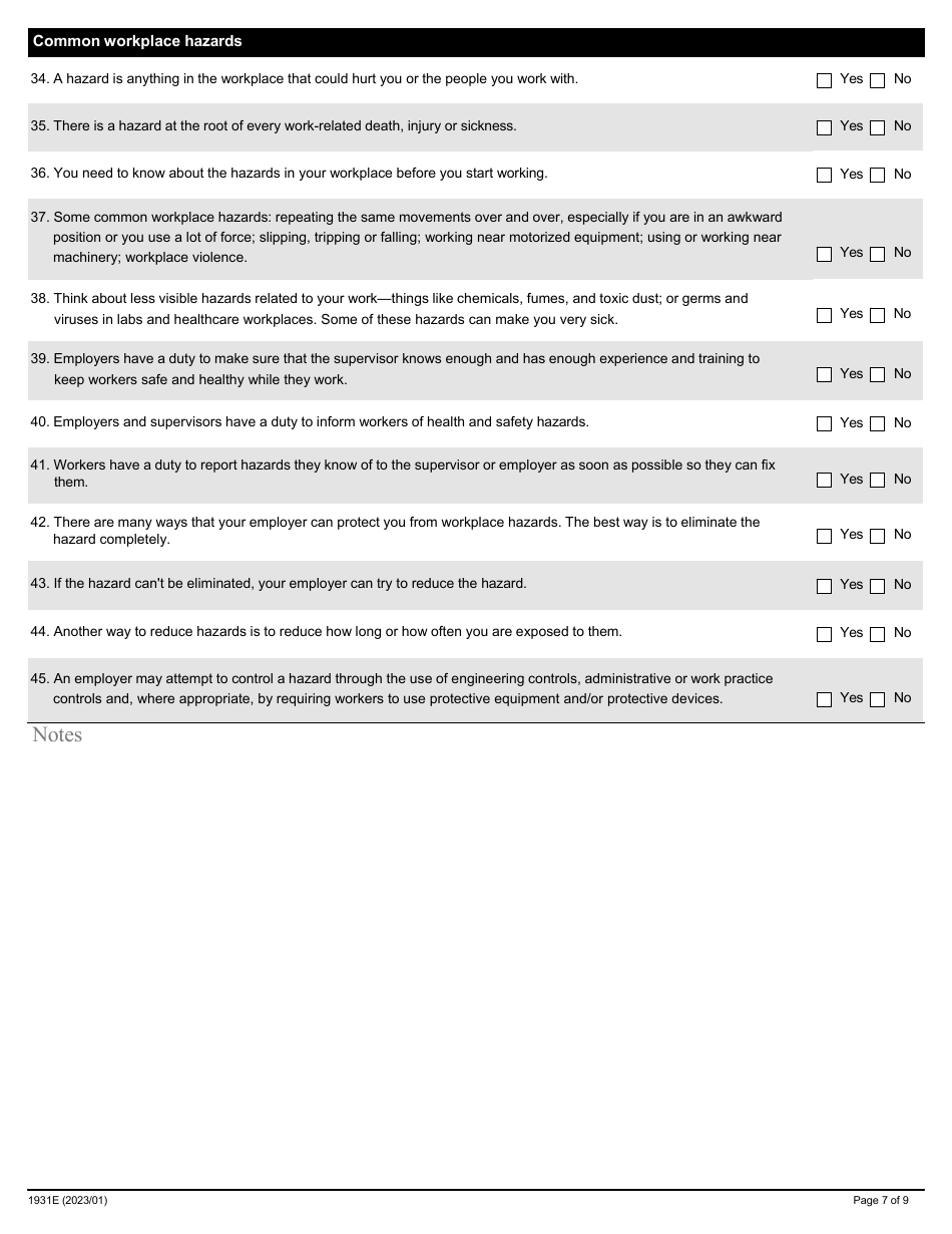Form 1931E Training Program Assessment for Workers - Ontario, Canada, Page 7