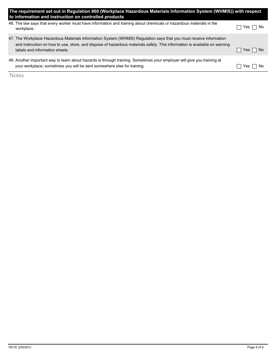 Form 1931E Training Program Assessment for Workers - Ontario, Canada, Page 8