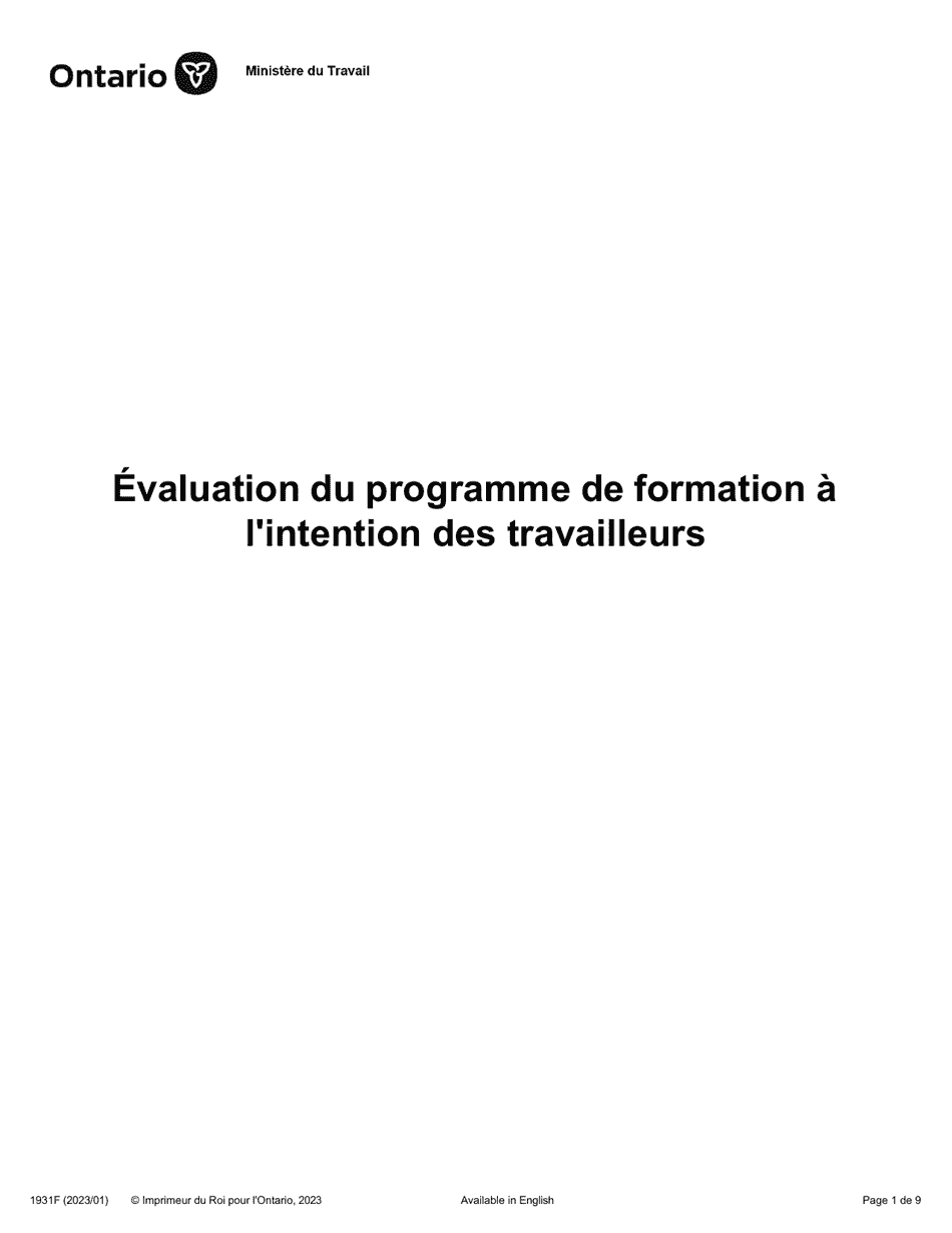 Forme 1931F Evaluation Du Programme De Formation a Lintention DES Travailleurs - Ontario, Canada (French), Page 1