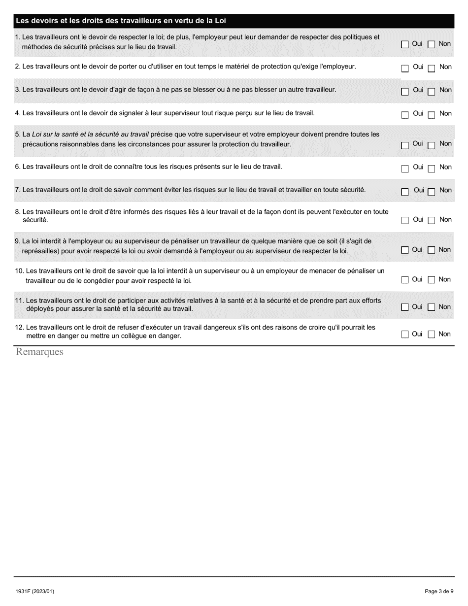 Forme 1931F Evaluation Du Programme De Formation a Lintention DES Travailleurs - Ontario, Canada (French), Page 3