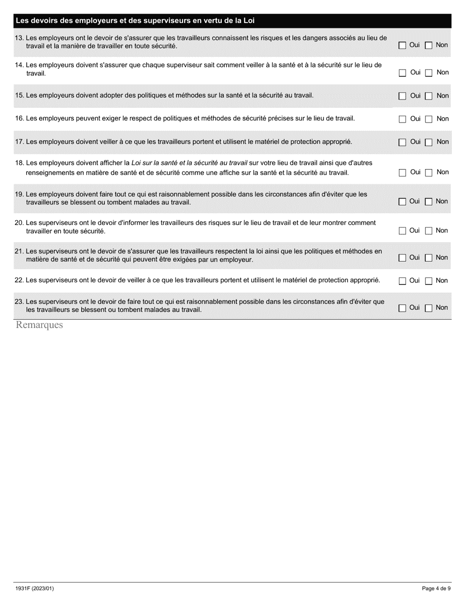 Forme 1931F Evaluation Du Programme De Formation a Lintention DES Travailleurs - Ontario, Canada (French), Page 4
