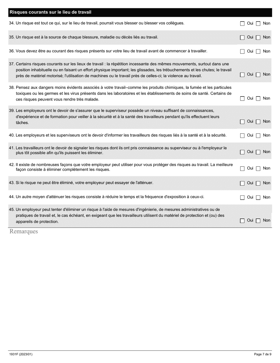 Forme 1931F Evaluation Du Programme De Formation a Lintention DES Travailleurs - Ontario, Canada (French), Page 7