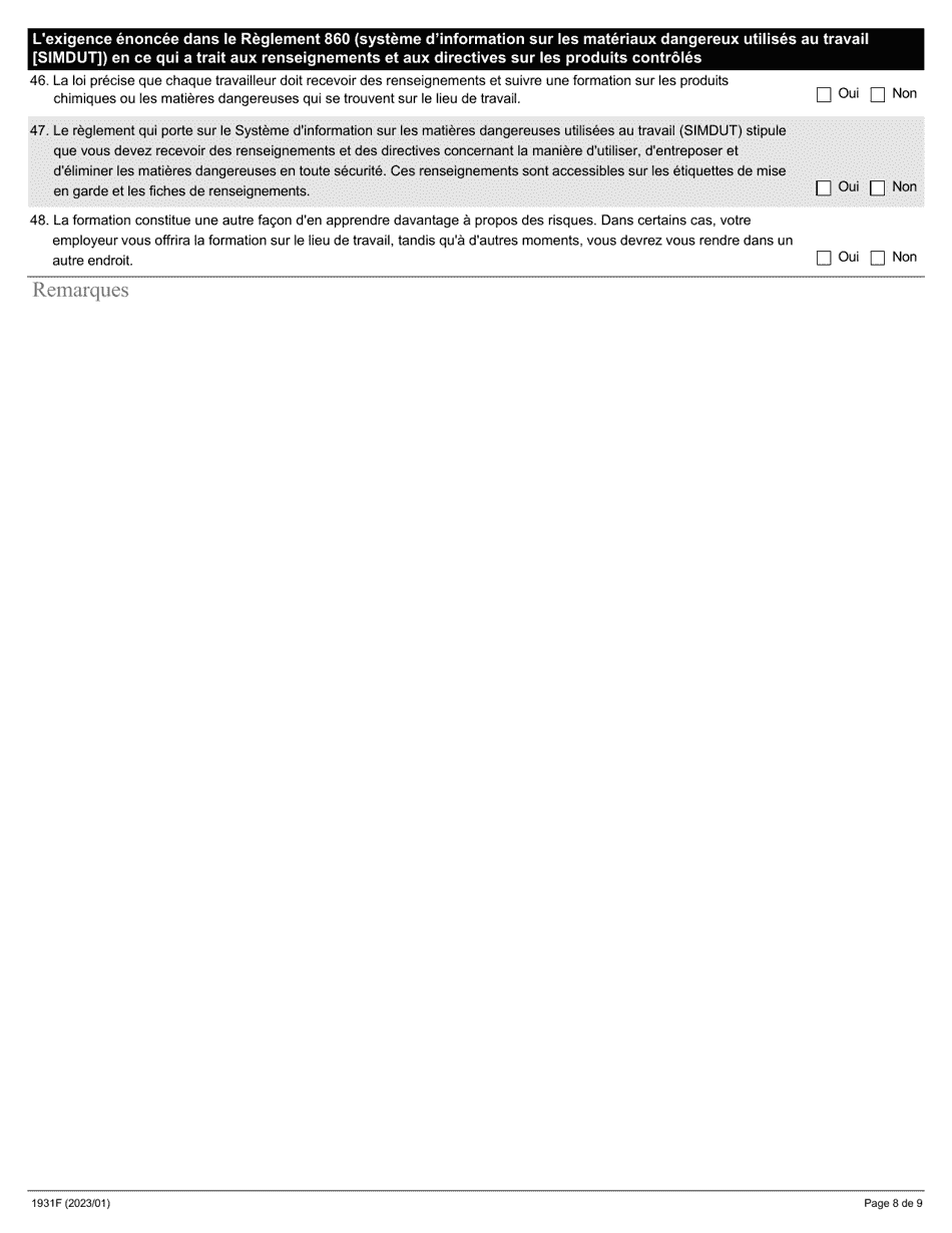 Forme 1931F Evaluation Du Programme De Formation a Lintention DES Travailleurs - Ontario, Canada (French), Page 8