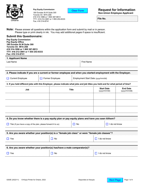 Form 0200E Request for Information - Non-union Employee Applicant - Ontario, Canada