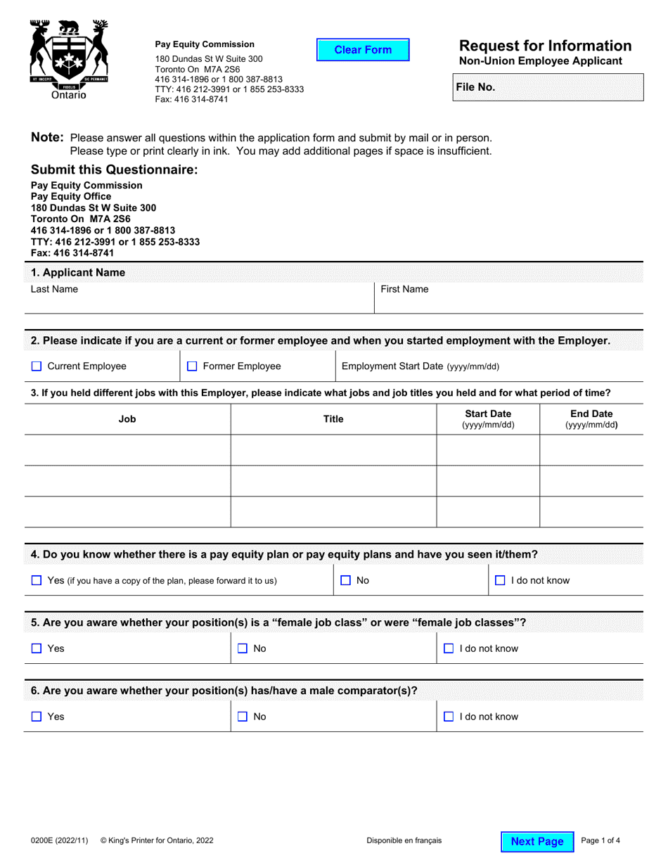 Form 0200E Request for Information - Non-union Employee Applicant - Ontario, Canada, Page 1