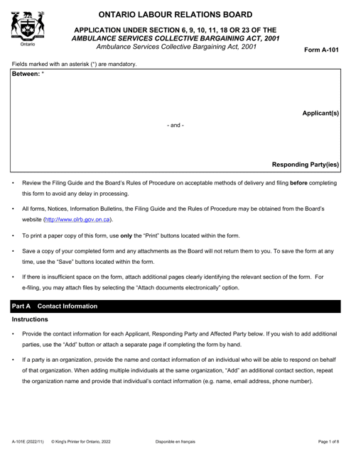 Form A-101 Application Under Section 6, 9, 10, 11, 18 or 23 of the Ambulance Services Collective Bargaining Act, 2001 - Ontario, Canada