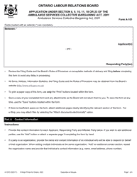 Form A-101 Application Under Section 6, 9, 10, 11, 18 or 23 of the Ambulance Services Collective Bargaining Act, 2001 - Ontario, Canada