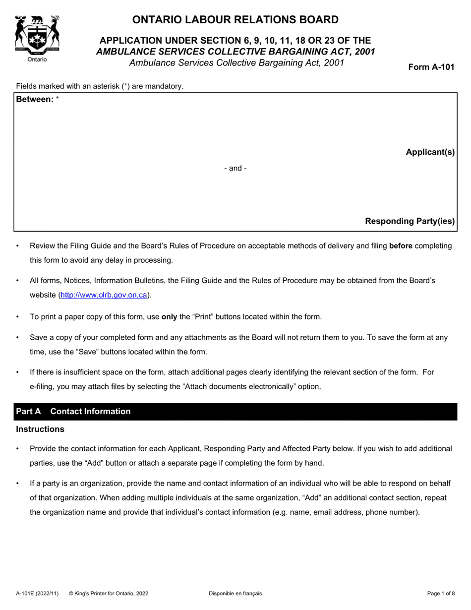 Form A-101 Application Under Section 6, 9, 10, 11, 18 or 23 of the Ambulance Services Collective Bargaining Act, 2001 - Ontario, Canada, Page 1