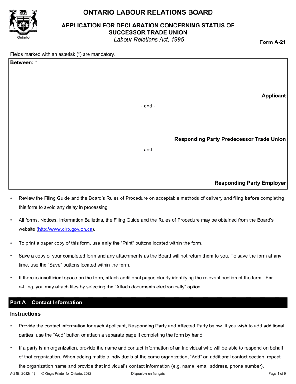 Form A-21 Application for Declaration Concerning Status of Successor Trade Union - Ontario, Canada, Page 1