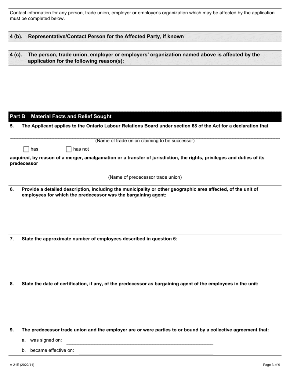 Form A-21 Application for Declaration Concerning Status of Successor Trade Union - Ontario, Canada, Page 3