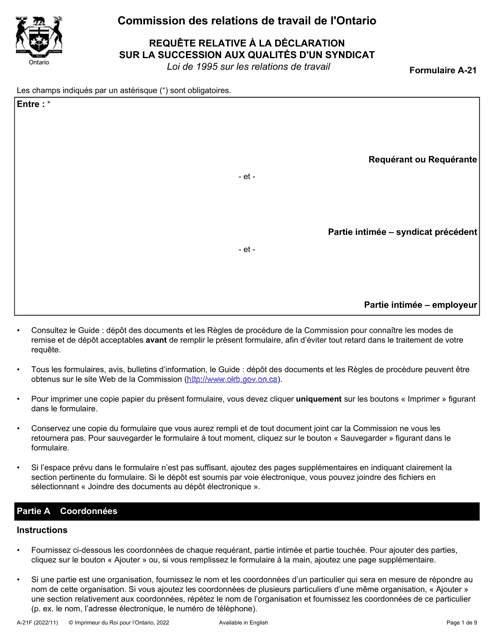 Forme A-21 Requete Relative a La Declaration Sur La Succession Aux Qualites D'un Syndicat - Ontario, Canada (French)