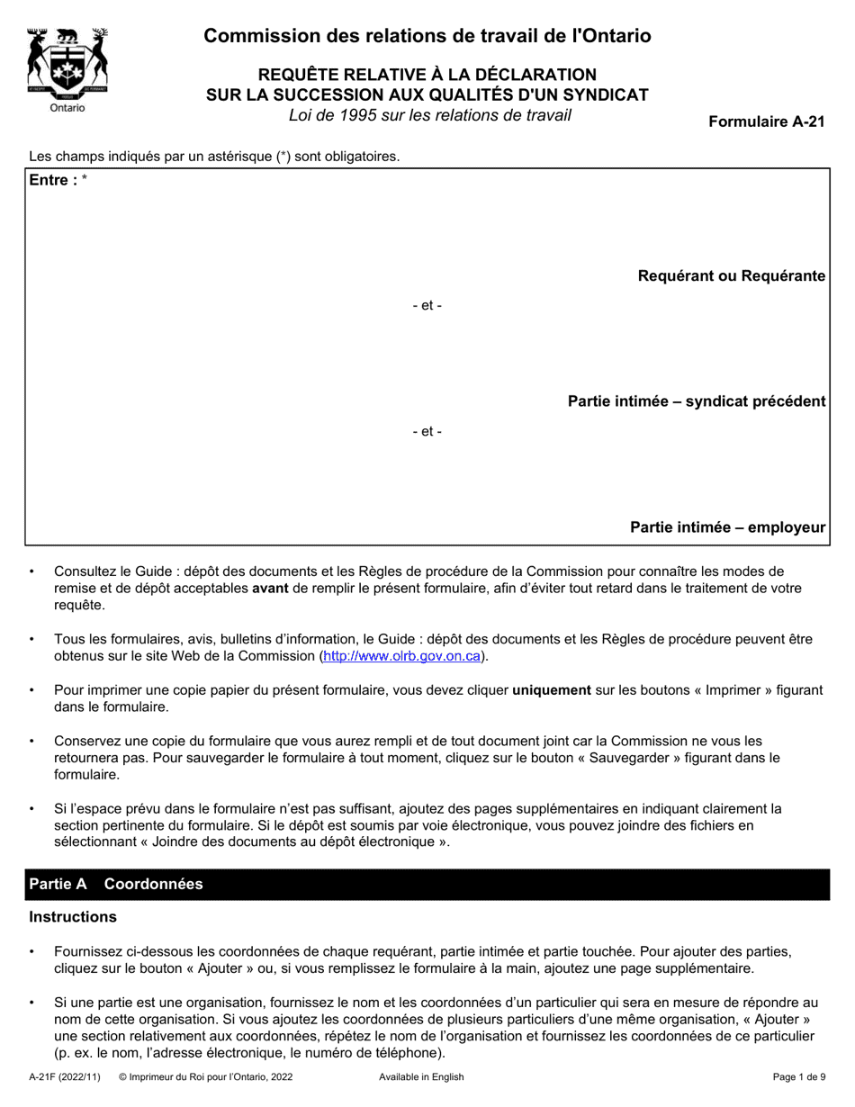 Forme A-21 Requete Relative a La Declaration Sur La Succession Aux Qualites Dun Syndicat - Ontario, Canada (French), Page 1