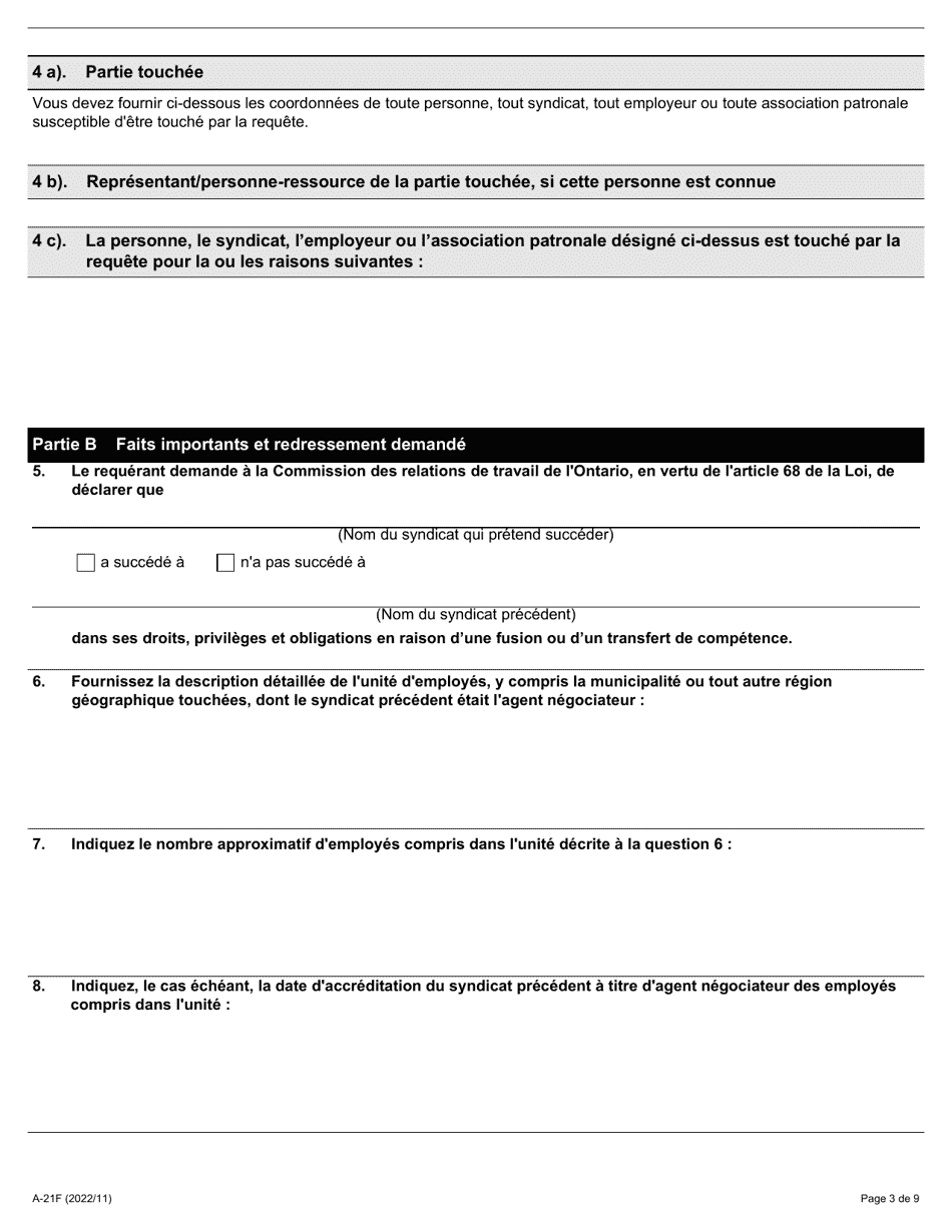 Forme A-21 Requete Relative a La Declaration Sur La Succession Aux Qualites Dun Syndicat - Ontario, Canada (French), Page 3