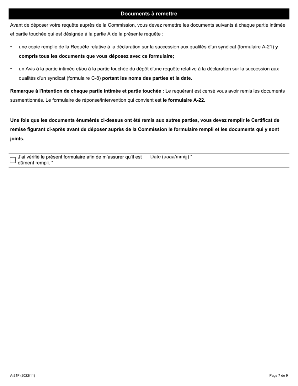 Forme A-21 Requete Relative a La Declaration Sur La Succession Aux Qualites Dun Syndicat - Ontario, Canada (French), Page 7
