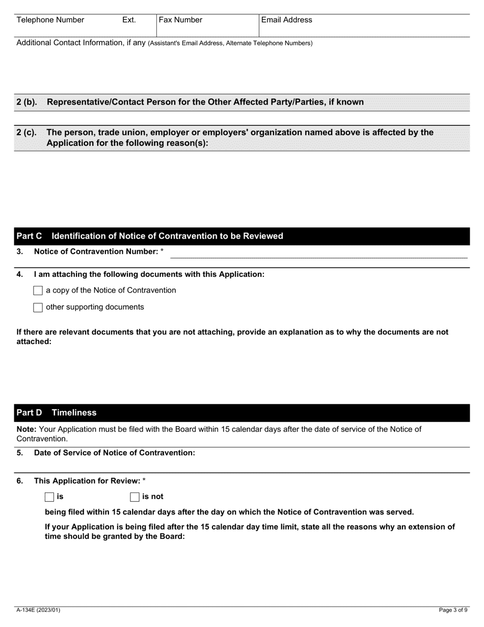 Form A-134 Application for Review of a Notice of Contravention - Ontario, Canada, Page 3