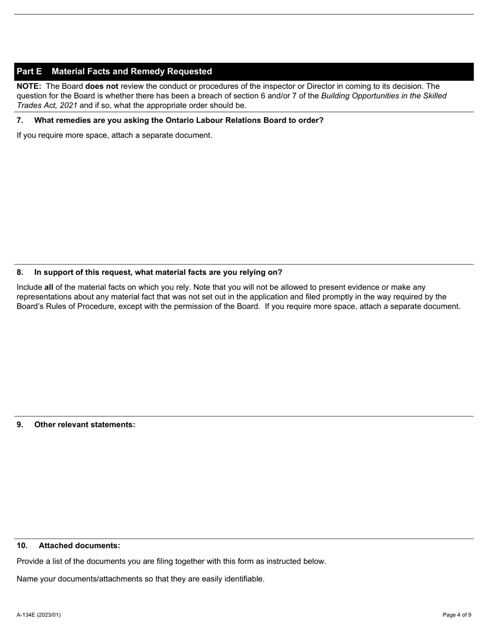 Form A-134 Application for Review of a Notice of Contravention - Ontario, Canada, Page 4