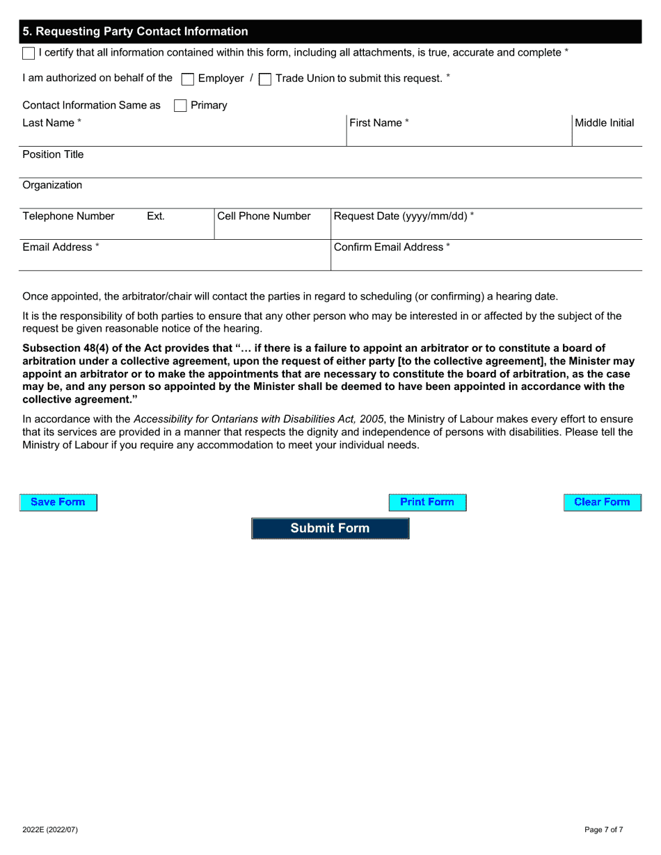 Form 2022E Request for Appointment of Arbitrator / Chair / Nominee Under Section 48 - Ontario, Canada, Page 7