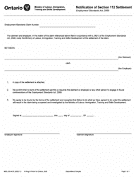 Document preview: Form MOL-ES-047E Notification of Section 112 Section - Ontario, Canada