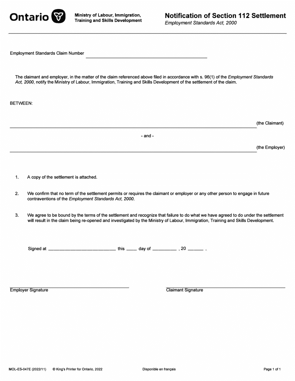 Form MOL-ES-047E Notification of Section 112 Section - Ontario, Canada, Page 1