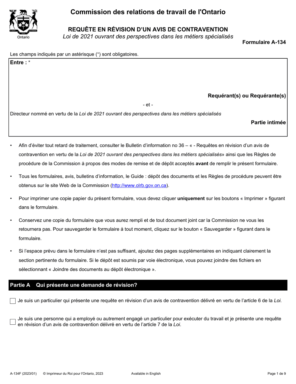 Forme A-134 Requete En Revision Dun Avis De Contravention - Ontario, Canada (French), Page 1