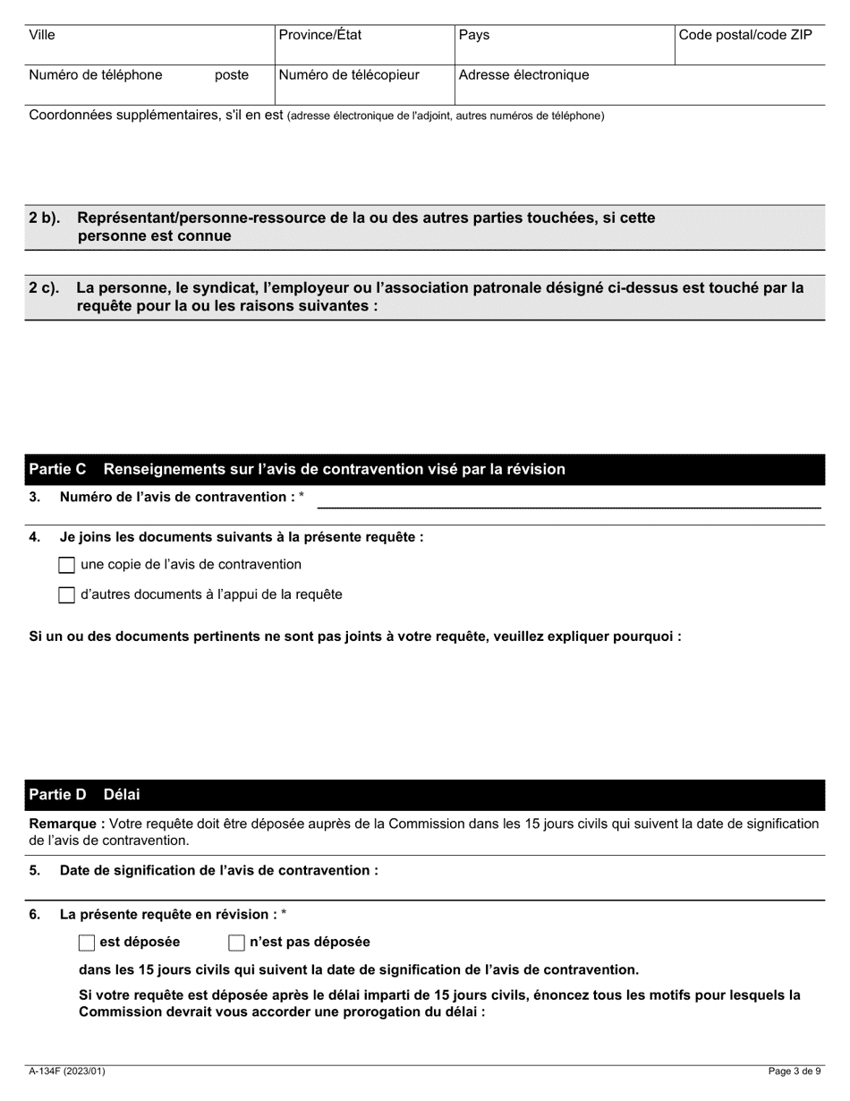 Forme A-134 Requete En Revision Dun Avis De Contravention - Ontario, Canada (French), Page 3
