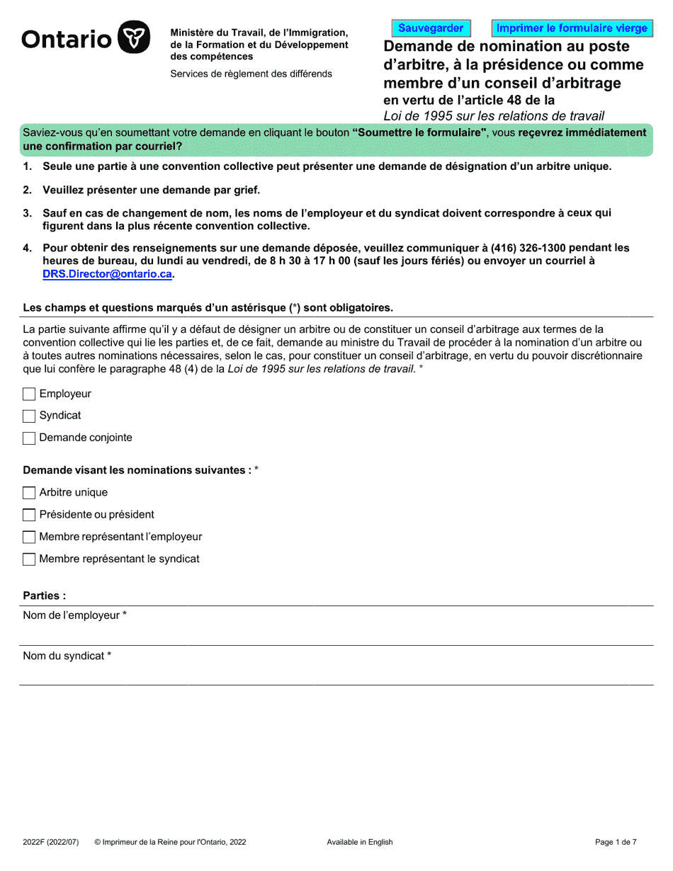 Forme 2022F Demande De Nomination Au Poste Darbitre, a La Presidence Ou Comme Membre Dun Conseil Darbitrage En Vertu De Larticle 48 De La - Ontario, Canada (French), Page 1